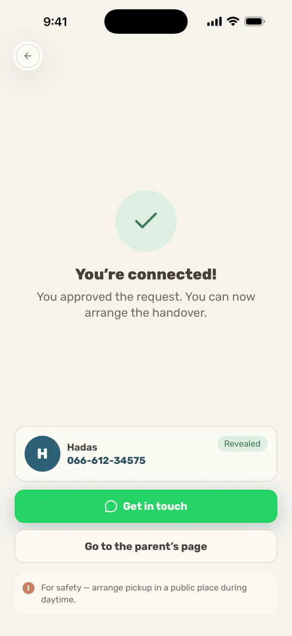 The “You’re connected!” screen after approving: the parent’s name, their newly revealed phone number, and buttons to get in touch and to open the parent’s page