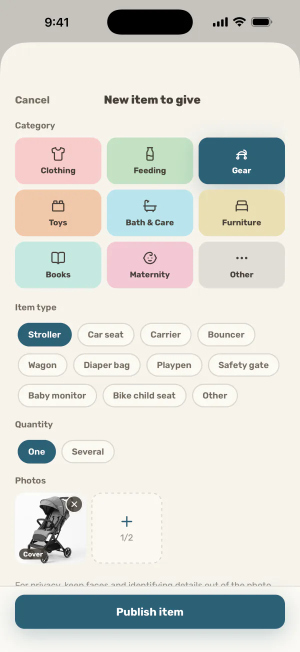 The add-item screen: a colour-coded grid of categories to choose from