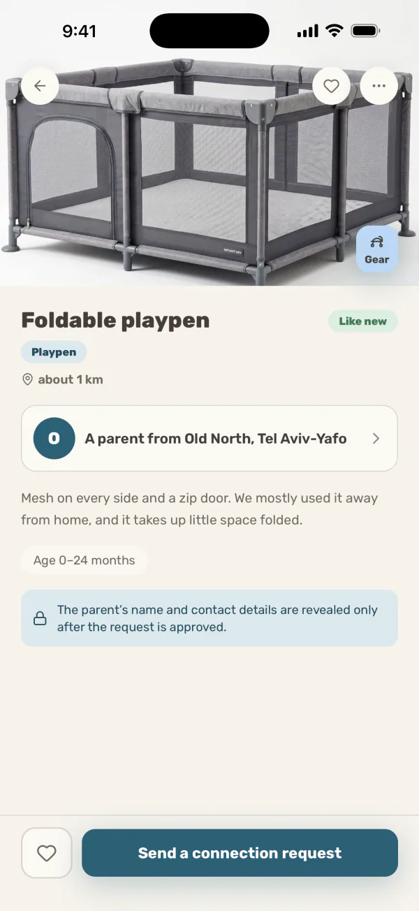 The item screen in the app: the item's photo, its condition, the age it suits and how far away it is, and a button to send a connection request
