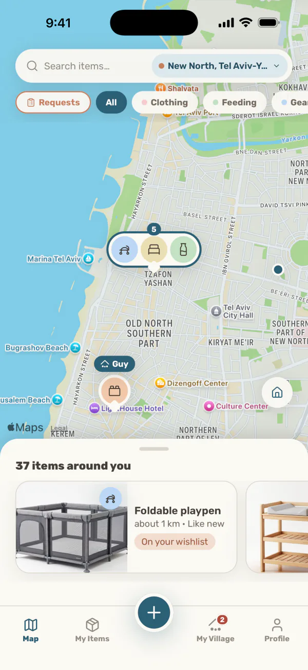 The map screen in the app: pins for parents giving gear away nearby, each pin showing the categories that parent is giving. Map background: Apple Maps